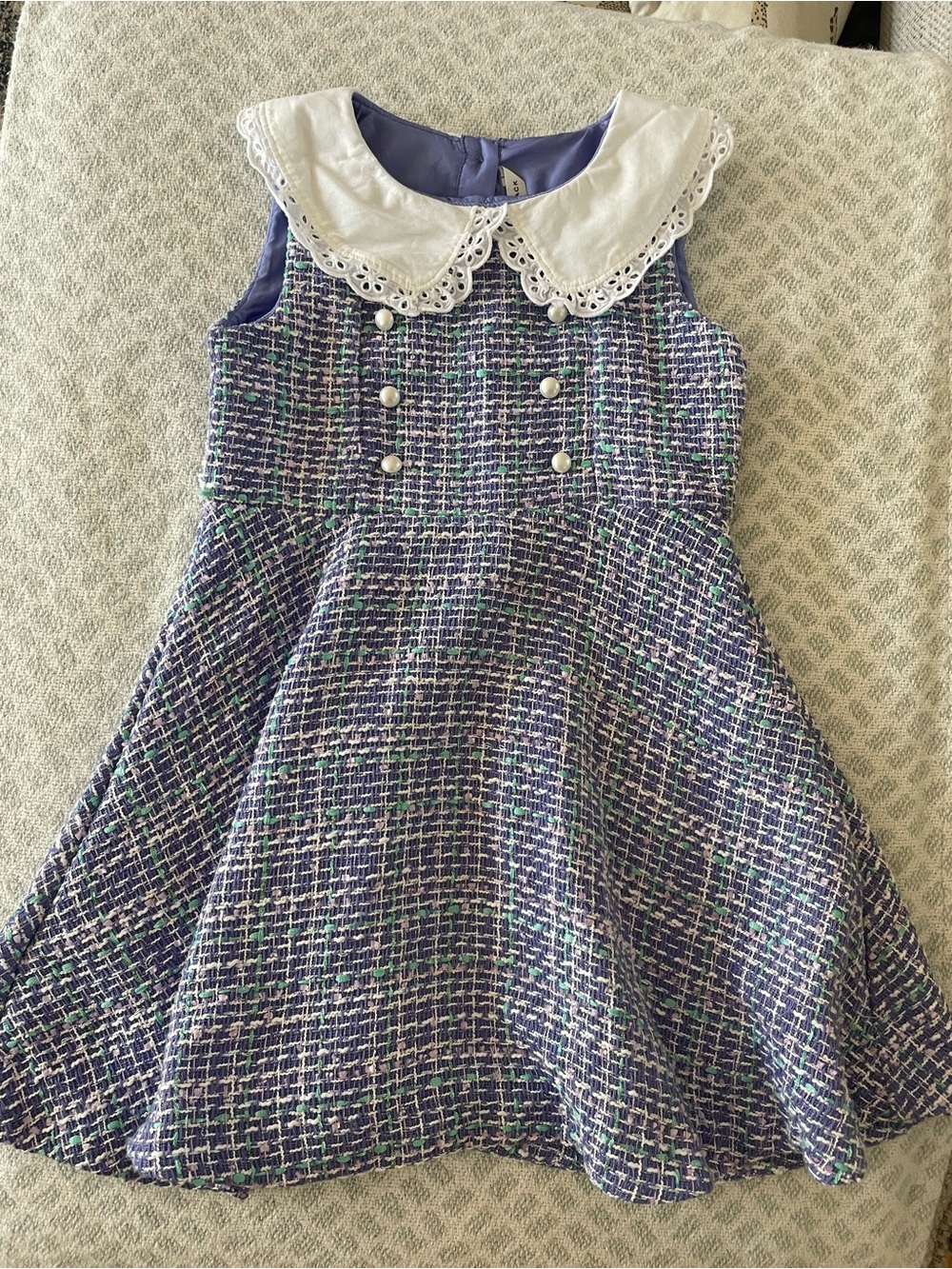 Janie and Jack Blue Tweed Dress with White Eyelet Collar